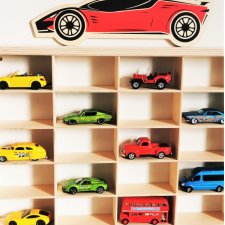 Drewniana półka na samochody Hot Wheels + GRAFIKA nr2 - Garaż na Resoraki , Ekspozytor na auta Matchbox